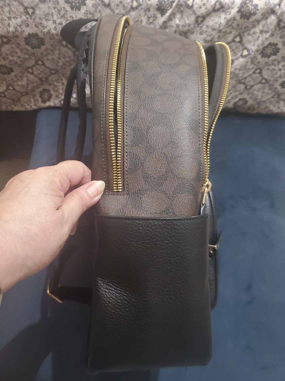 Coach Black and Brown Signature-Print Backpack with Gold Zippers